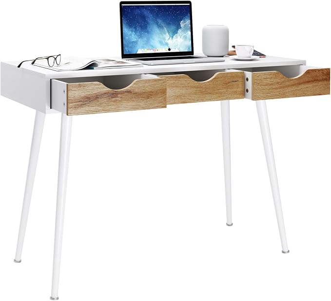 DlandHome Computer Desk with Drawers Mid Century Modern Desk 41.3 Inches Vanity Desk with 3-Drawers, Office Desk with Drawers Writing Desk Study Table Makeup Tables, Bedroom Dresser Table
