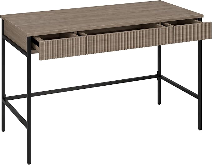 Henn&Hart 48" Fluted Mid-Century Modern Rectangular Wooden Home Office Desk Computer Desk Writing Table with 3 Ribbed Storage Drawers for Bedroom, Living Room, or Home Office, Weathered Gray