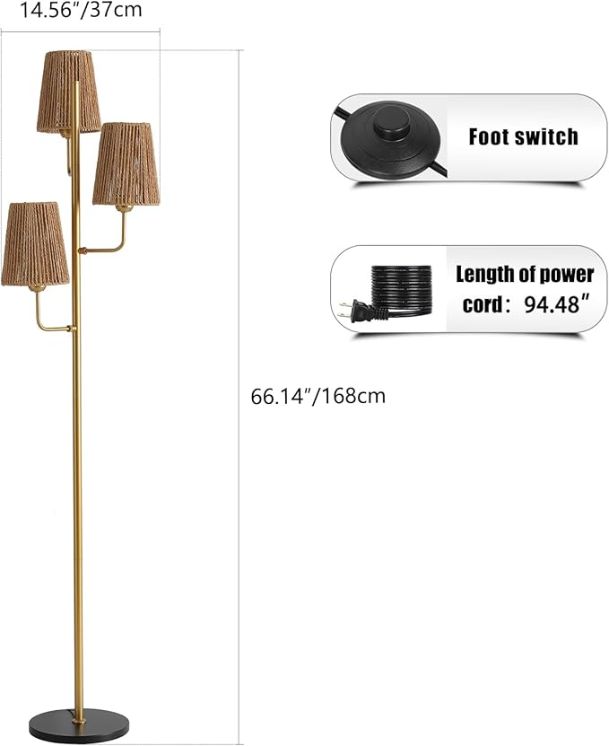 Boho Floor Lamp for Living Room: 3 Light Rattan Floor Lamp for Bedroom, Gold Standing Lamp with Foot Switch, Coastal Rustic Tall Lamp, No Bulb
