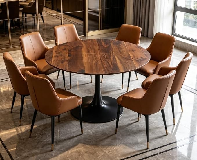 Round Tulip Dining Table, Walnut Tulip Table with 0.8" Thickened Tabletop, 42.1 inches Dining Pedestal Table, Tulip Shape Table for Dining Room, Office, Cafe