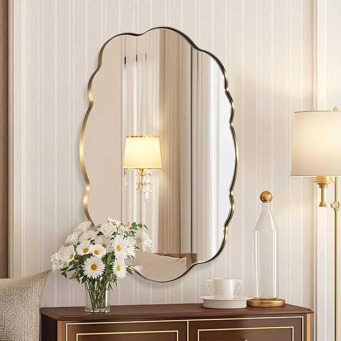 ANDY STAR Brushed Gold Wavy Oval Scalloped Mirror - 24x32 Wavy Modern Bathroom Mirror, Brass Anti-Rust Stainless Steel Frame, Hang Vertical or Horizontal