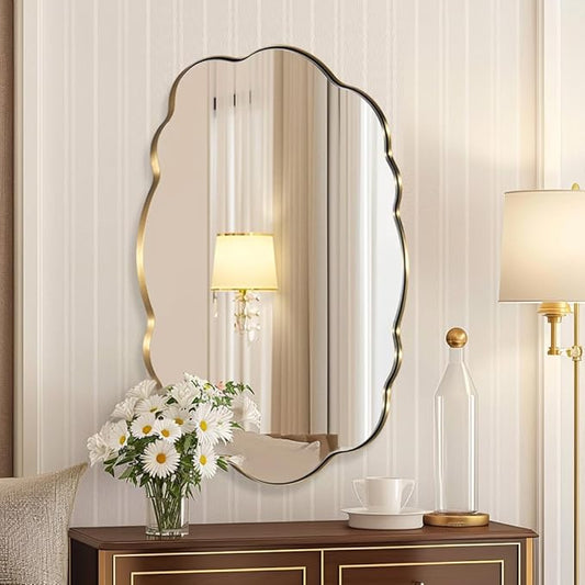 ANDY STAR Brushed Gold Wavy Oval Scalloped Mirror - 24x32 Wavy Modern Bathroom Mirror, Brass Anti-Rust Stainless Steel Frame, Hang Vertical or Horizontal