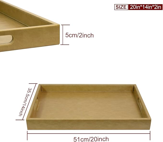 20 * 14 inches Leather Rectangle Serving Tray with Hole Handles,High-End Light Large Service Tray for Ottoman Tray, Tea, Food, Butler - Countertop, Kitchen,Family Dinner, Picnic (Brown)