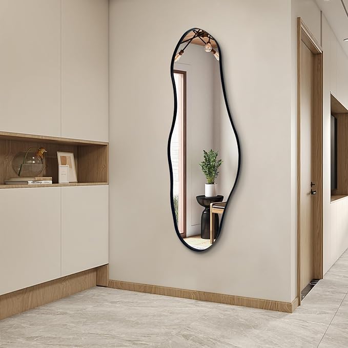 Large Irregular Wall Mirror, 55"x22" Asymmetrical Decorative Mirror with Black Metal Frame, Organic Shaped Mirrors for Entryway Bedroom Hallway Living Room, Horizontal/Vertical Hanging