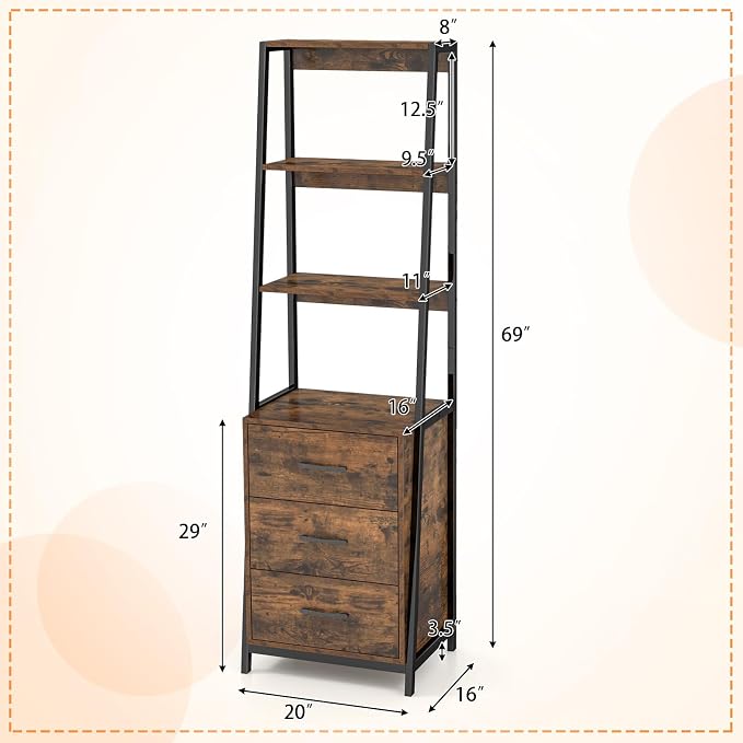 Giantex Ladder Bookshelf with Drawers, 69" Tall Wooden Bookcase with 4 Shelves, Modern Book Shelf Storage Organizer Unit, Freestanding Display Shelving Rack for Living Room, Bedroom (Rustic Brown)