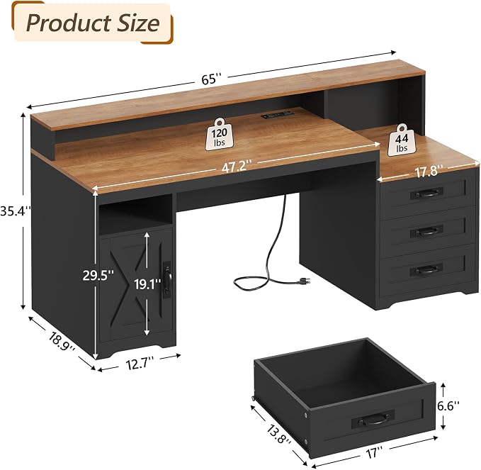 TVU Farmhouse Computer Desk with Drawers, 65'' Home Office Desk with Power Outlets, Storage Cabinet and Printer Stand, Study Writing Desks with Long Monitor Stand, Brown and Black