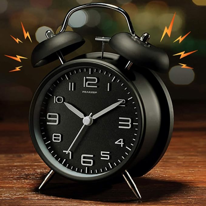 Peakeep 4 Inches Twin Bell Loud Alarm Clock for Heavy Sleepers, Backlight, Battery Operated Old Fashioned Alarm Clock for Bedrooms (3D-Dial, Black)