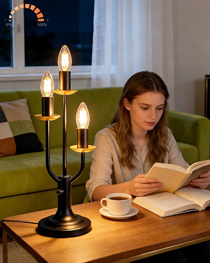 3 - Light Candelabra Desk Lamp Vintage Candle Table Lamp for Wedding/Party, 3000K Warm White Mid Century Nightstand Lamp Dimmable Bedside Lamps for Bedroom/Dining - Black