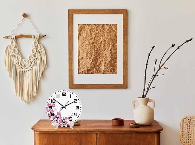 Flower Branches Wall Clock 10 inch Round Pink and Purple Silent Non Ticking Wood Wall Clocks Battery Operated Easy to Read Decorative Wall Clock for Bedroom Kitchen Living Room Bathroom
