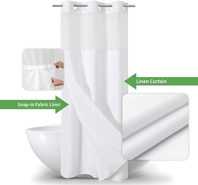 Stall No Hooks Needed Linen Textured Shower Curtain with Snap-in Fabric Liner Set,Hotel Luxury Decor Shower Curtains for Bathroom,Waterproof & Washable,48Wx74H,White