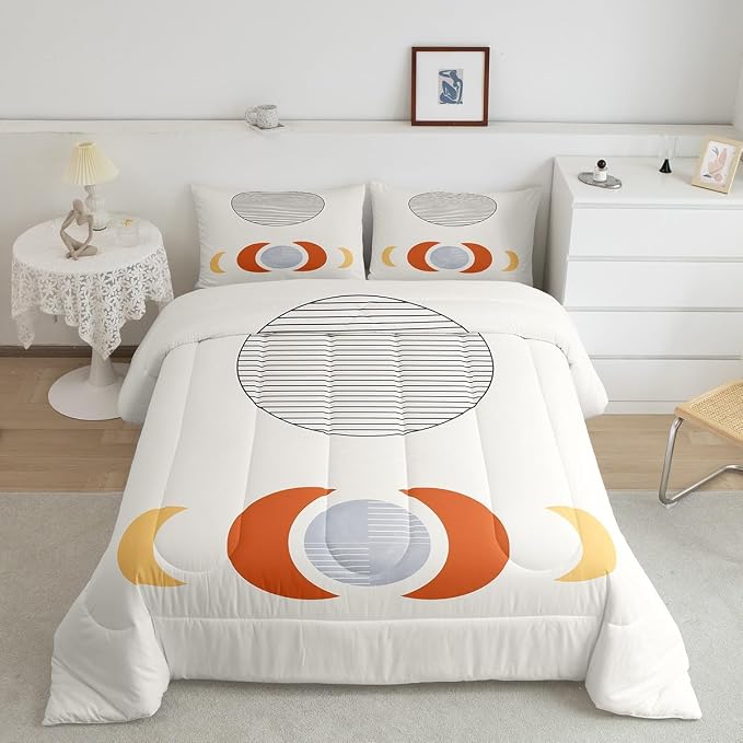 Mid Century Bedding Set King Abstract Moon Comforter Set, Striped Duvet Insert White Aesthetic Quilt Sets, Retro Minimalism Bedding Comforters & Sets Modern Art Bedroom Decor Ultra Soft 3pcs