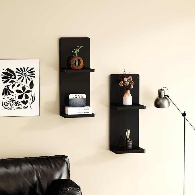 Floating Wall Shelves Set of 2, Black Solid Wood Double Layer Wall Mounted Shelf, 20 x 8 x 6 Inches, Modern Storage for Bedroom, Bathroom, Kitchen, Home Decor, Plants & Cosmetics
