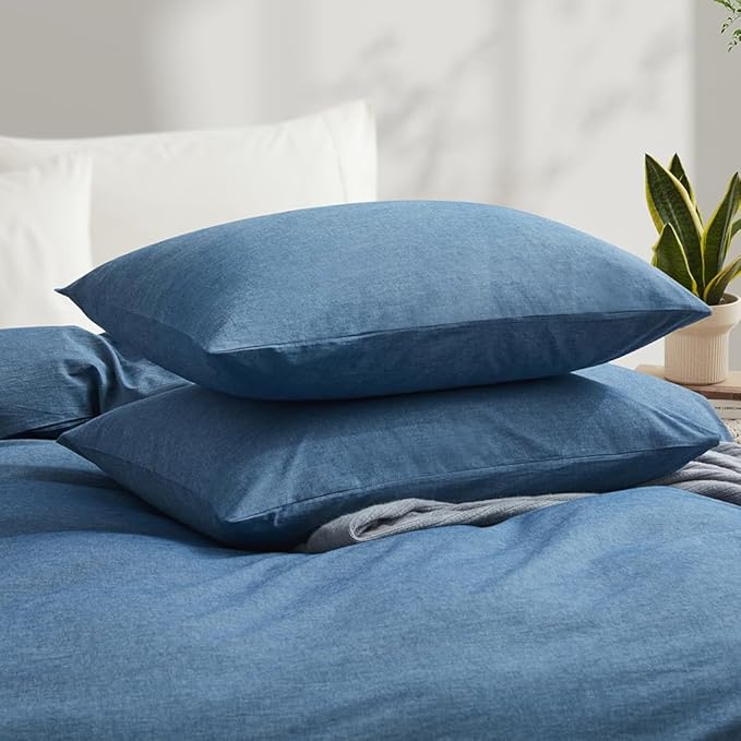 LOVQUE 100% Washed Cotton Duvet Cover Queen Size, Denim Blue Fade-Resistant Natural Bedding Set (No Comforter), 90x90 Inches