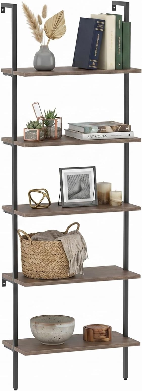 Wolawu 5 Tiers Ladder Shelf Brown Modern Bookshelf Open Tall Wall Mount Bookcase Standing Leaning Wall Shelves Industrial Decorative Living Room Bed Room