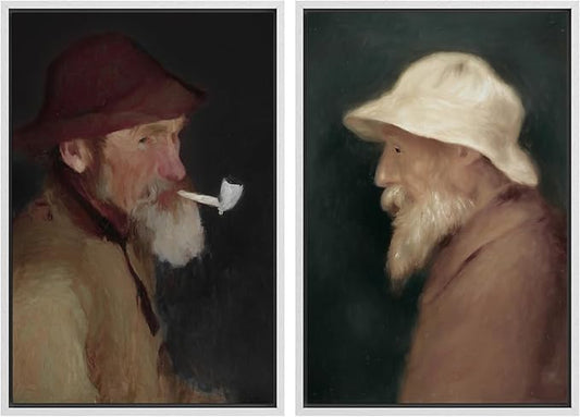 IDEA4WALL Framed Canvas Print Wall Art Set Vintage Old Fishermen Portrait Rustic Illustrations Modern Art Decorative Bohemian Calm/Zen for Living Room, Bedroom, Office - 16"x24"x2 White