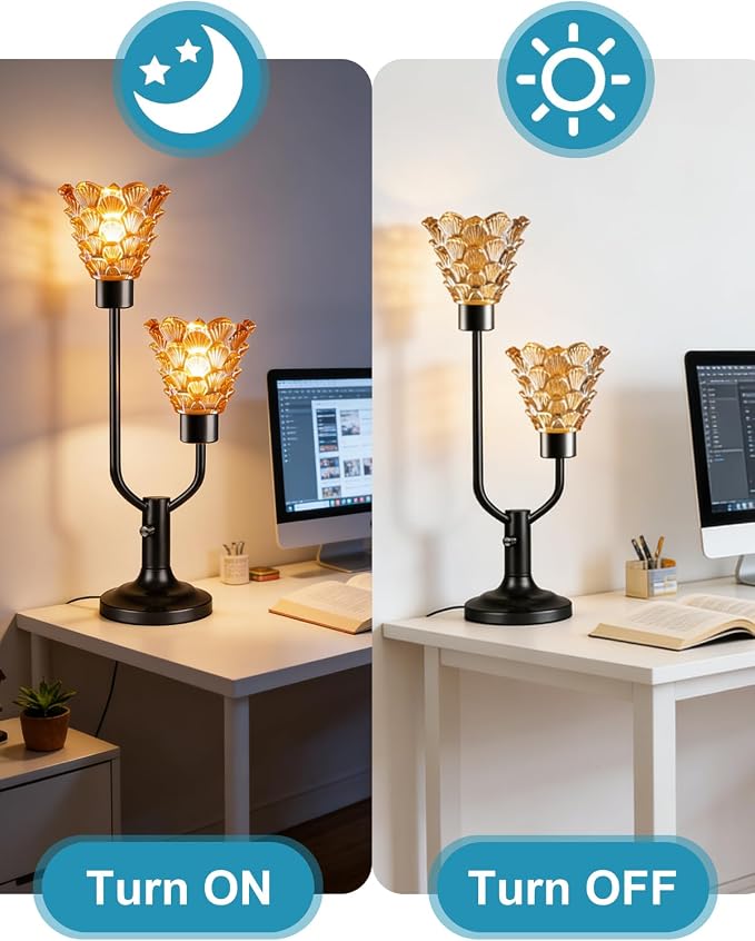 Lightdot Vintage Table Lamp for Living Room Dimmable Mid Century Modern Desk Lamp Amber Glass Black Nightstand Lamp 2 Bulbs Included Warmwhite Ambient Bedside Lamps for Bedroom Home Office Decor Gift
