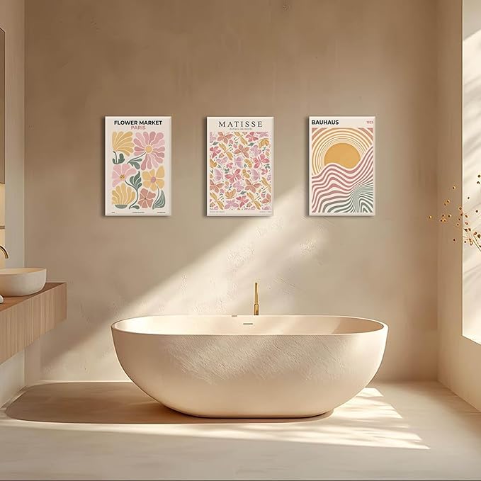 BingruiArt Boho Abstract Wall Art Yellow Canvas Flower Market Posters Set of 3 Bauhaus Pictures Matisse Print Floral Aesthetic Painting Decor for Dorm Living Room Bedroom 16"x24" Framed