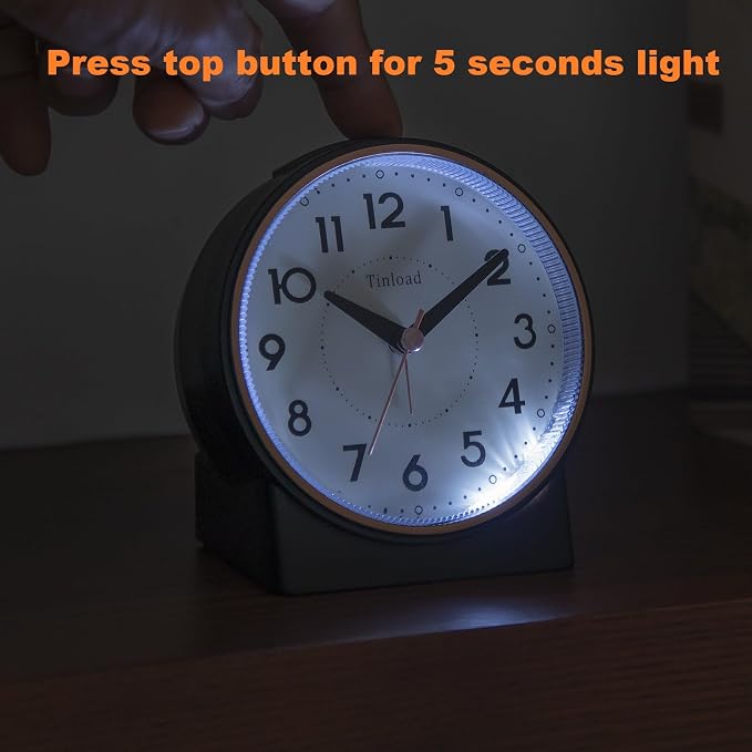 Tinload 4.3" Retro Analog Alarm Clock, Vintage Decor, No Ticking Silent, Easy to Set, Gradual Rise Alarm, On/Off Switch on Side, Gentle Wake, Snooze, Lighted on Demand, Battery Operated, Retro Black