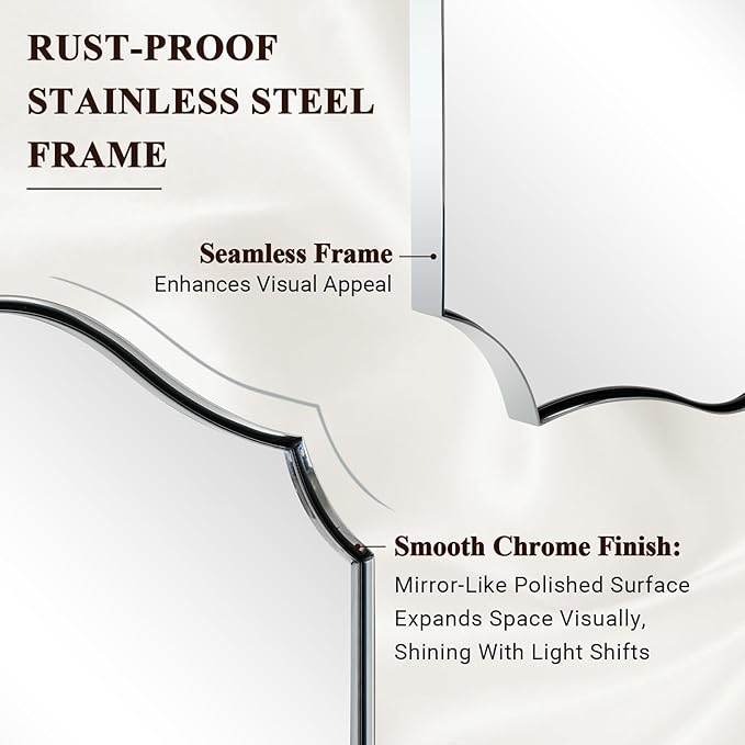 ANDY STAR 30x48 Inch Large Chrome Mirror, Polished Chrome Bathroom Mirror, Modern Rectangle Mirror with Wavy Design Ideal for Home Decor, Rust-Proof Stainless Steel Metal Frame