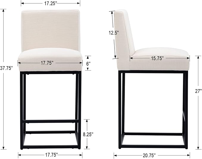 27" Height Bar Stools Set of 4 Counter Height Stools with Back and Footrest for Kitchen Modern Metal Barstools, Linen Upholstered Farmhouse Bar Chairs Island Stools, Cream