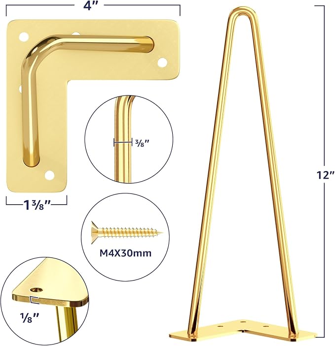 SMARTSTANDARD 12 Inch Hairpin Furniture Legs, 3/8'' Rods Metal Home DIY Projects for Nightstand, Coffee Table, Dresser with Rubber Floor Protectors, Gold Set of 4PCS