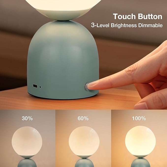 Cordless Globe Glass Table lamp (Light Green), 5200-mAh Rechargeable, 3-Level Brightness Dimmable, Integrated LED 320 Lumen Max, for Bedside Nightstand Light