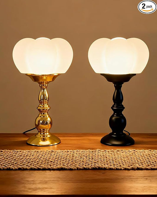 Lightdot Farmhouse Table Lamp Set of 2 Gold & Black Desk Lamps with Pumpkin Shade 3000K Warmwhite Vintage Rustic Bedside Nightstand Lamps for for Bedroom Living Room Home Decor