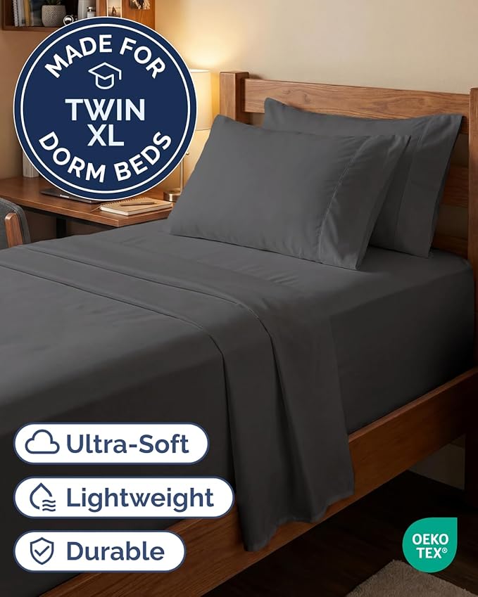 Extra Deep Twin XL Sheet Set - 4 Piece College Dorm Bed Sheets Set with Extra Deep Pockets - Ultra-Soft, Comfy & Breathable Bedding for Women, Men, Kids & Teens - Wrinkle Free & Fade Resistant - Grey