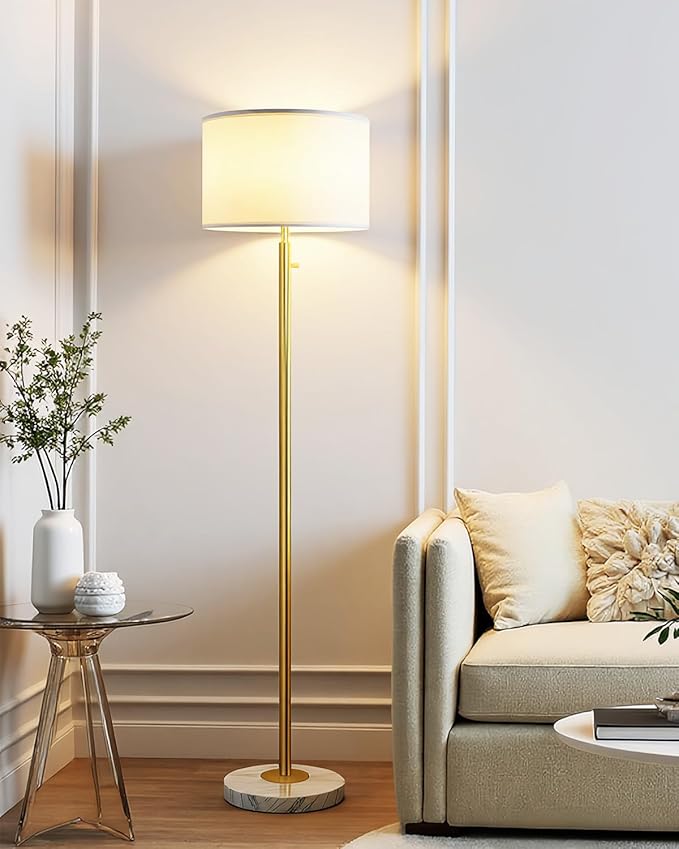 Gold Floor Lamps for Living Room–LED Bulb Included,Dimmable Floor Lamp with Linen Shade,Modern Standing Lamp with Marble Base,Tall Floor Lamp for Bedroom,Nursery,Reading & Office