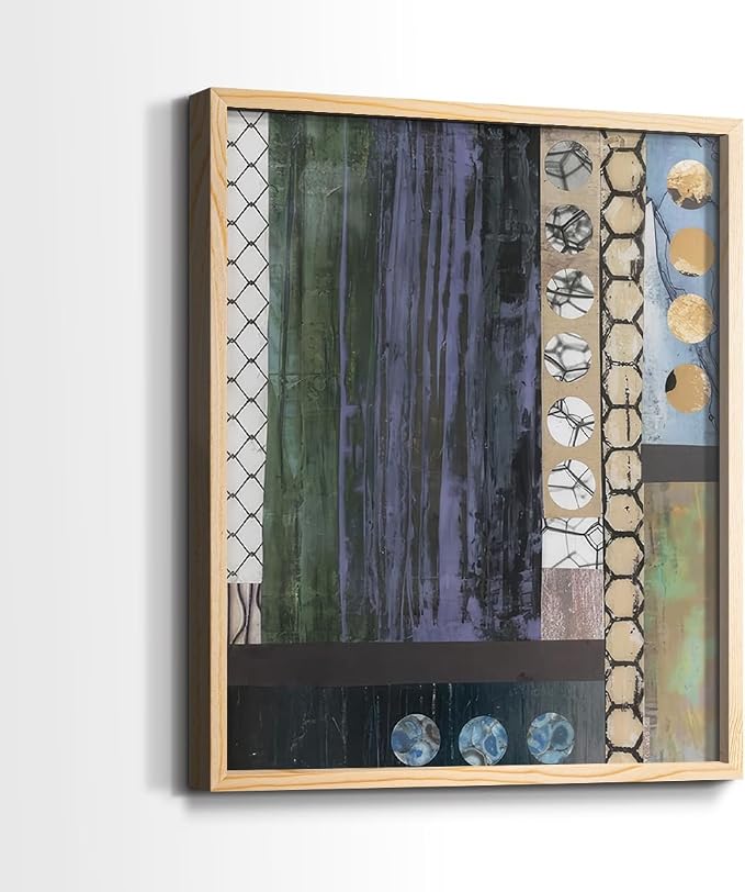 Renditions Gallery Set of 2 Peel & Stick Framed Prints, Geometric Abstract Wall Art, Hexagonal and Circular Pattern Wall Decor, Re-Stickable - Ready to Hang - 16"x20" - NATURAL WOOD Frame LT588