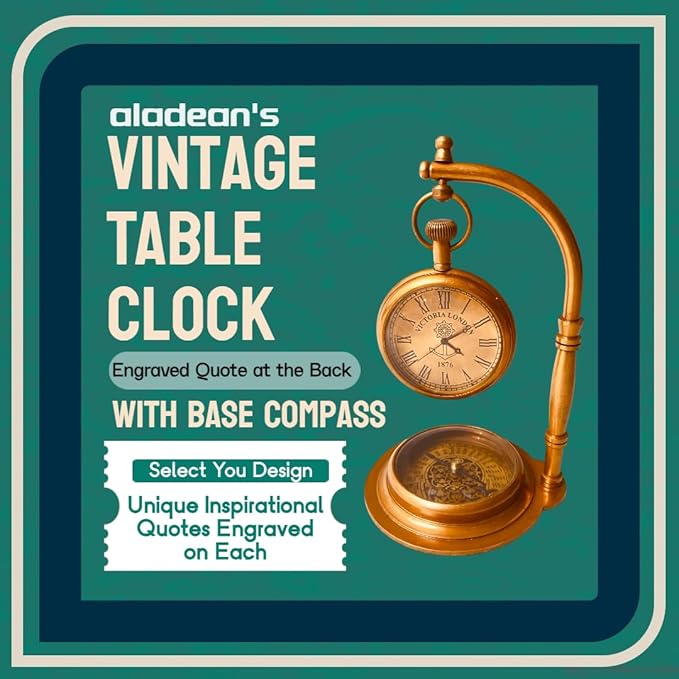 ALADEAN Inspirational Brass Table Clock with Compass | Religious Quote Engraved Desk Clock - Baptism Birthday Christmas (Be Strong & Courageous)