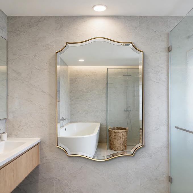 POZINO Brushed Modern Bathroom Mirror, 24"x36" Gold Scalloped Beveled Mirror for Wall, Brass Rectangle Wavy Vanity Mirrors, Irregular Shaped Mirror for Living Room Bedroom Fireplace Entryway