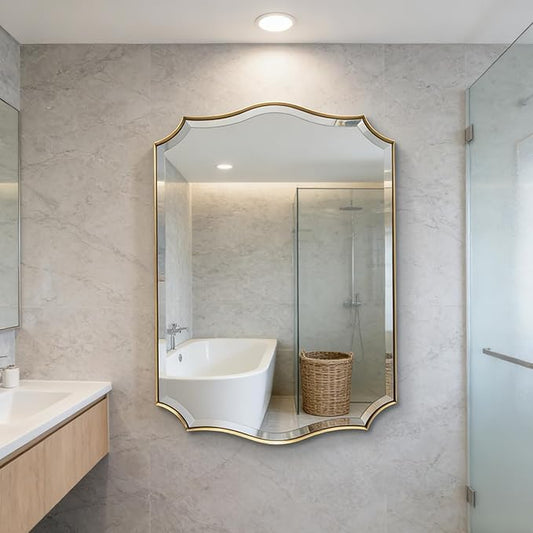 POZINO Brushed Modern Bathroom Mirror, 24"x36" Gold Scalloped Beveled Mirror for Wall, Brass Rectangle Wavy Vanity Mirrors, Irregular Shaped Mirror for Living Room Bedroom Fireplace Entryway