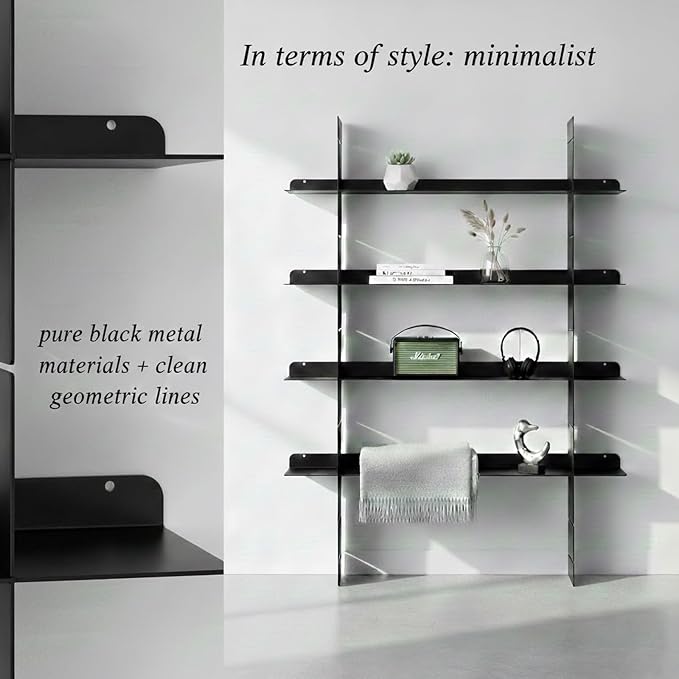 4 Tier Floating Wall Shelf, Metal Wall Mounted Book Shelf, Easy Install Metal Shelf, Heavy Duty Display Rack for Books, Decor, Bedroom, Living Room, Office (Black)