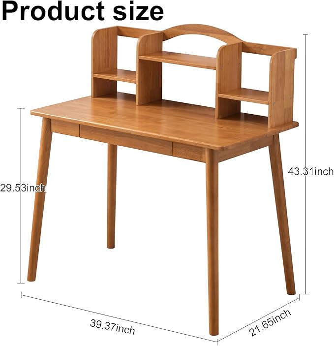 Solid Wood Desk with Drawers, Wooden Computer Desk for Home Office, Gaming Study Desk for Small Spaces, Writing Work Desk for Bedroom,Easy Assembly (Teak Color 40 inch)