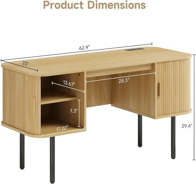63 Inch Fluted Computer Desk with Power Outlets,Mid Century Wood Office Desk with Storge Cabinets & Sliding Door,Large Executive Desk for Office, Study, Living Room, Bedroom, Oak