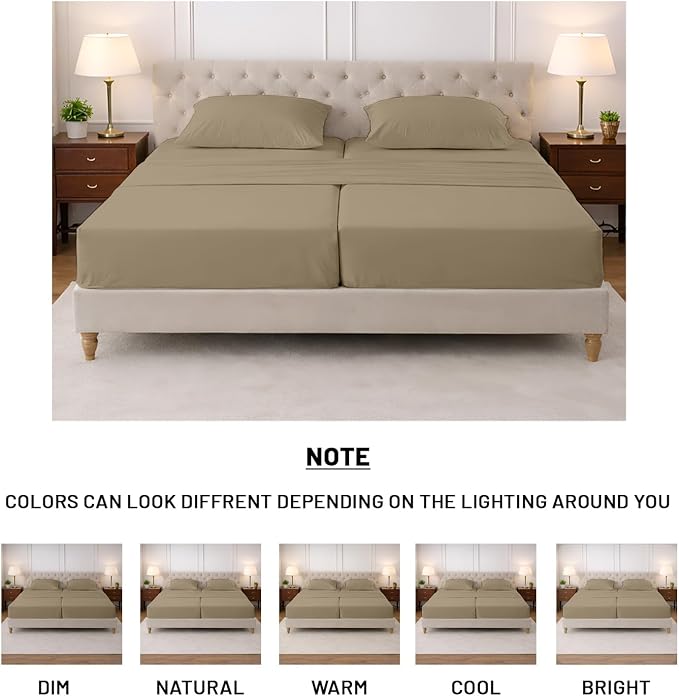 SGI Split King Sheet Set for Adjustable Bed Egyptian Premium Cotton 600 Thread Count Sheets for Sleep Number Bed 15" Deep Pocket 5 Pc Set with 2 Twin XL Fitted Sheets Soft Breathable -Taupe