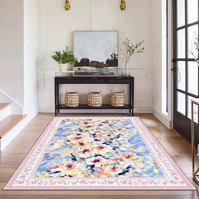 Floral Oil Painting Area Rug Watercolor Flower Print Rugs for Entryway Bedroom Living Room Nursery Kitchen Playroom Home Decor Washable Low Pile Floor Mat Carpet,3'x5'
