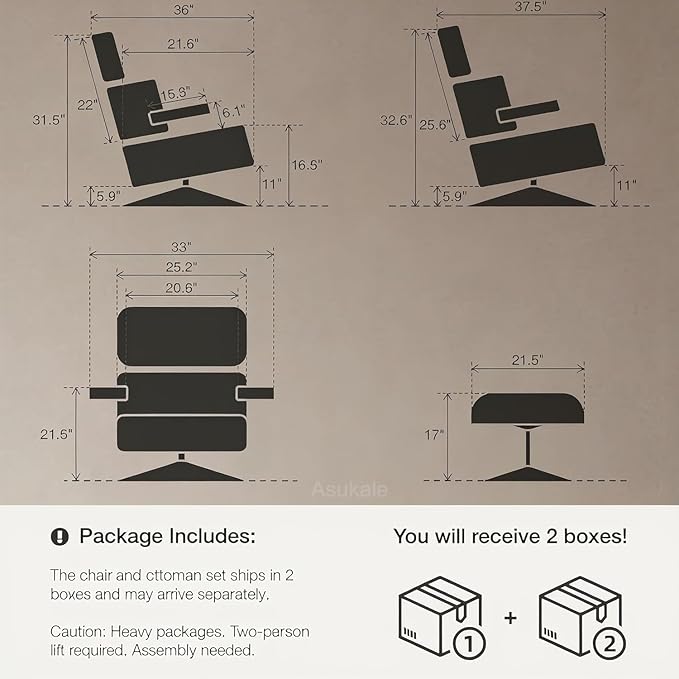 Mid Century Chaise Lounge Chair and Ottoman, Reading Chair, Leather Accent Chair, Modern Chair, Classic Design, Heavy Duty Base Support for Living Room Lounge Office (Walnut-White, Upgraded)
