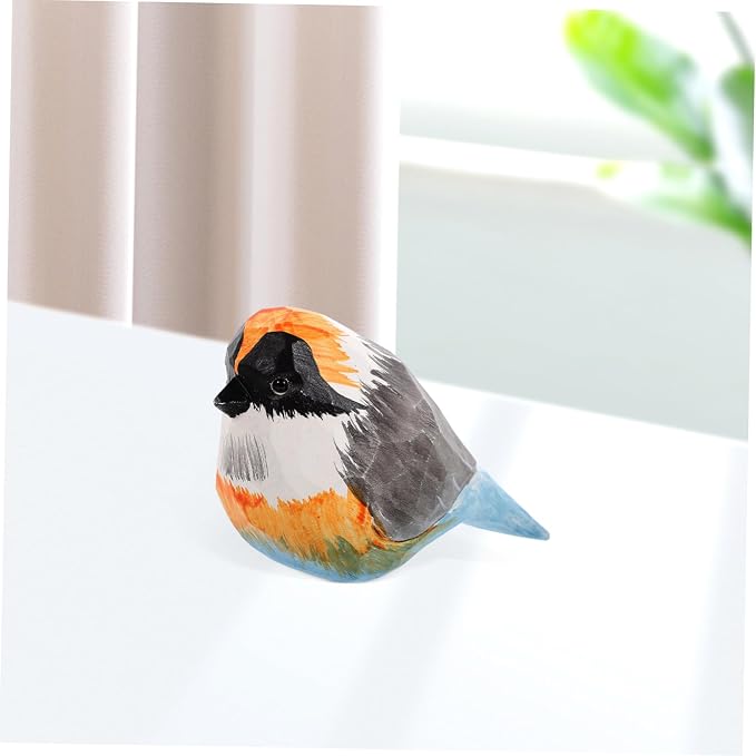 Mobestech Wood Carved Bird Ornament Red-Headed Sparrow Desktop Decor Handmade Wooden Bird Figurine for Home and Office Decoration