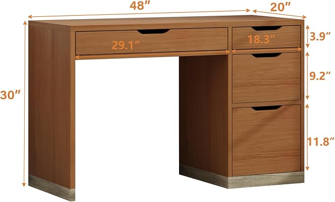 MaverickFurni 48 Inch Small Desk with 4 Drawers, Computer Desk with Storage File Drawer for Bedroom, Home Office Desk with Storage for Small Space, Brown