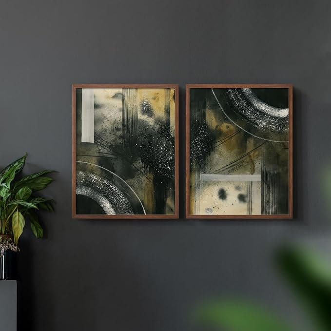 Renditions Gallery Set of 2 Peel & Stick Framed Prints, Moody Abstract Wall Art, Circular and Splattered Effects Wall Decor, Re-Stickable - Ready to Hang - 22"x28" - Walnut Frame LT588