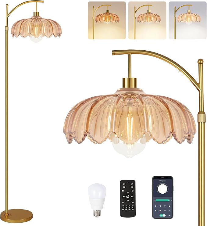 Gold Floor Lamp for Living Room,Bedroom,Mid Century Modern Standing Lamp with Remote,Dimmable Brass Tall Lamp Amber Glass Lamp Vintage Retro Arc Floor Lamps Flower Floor Light Boho Bohemian