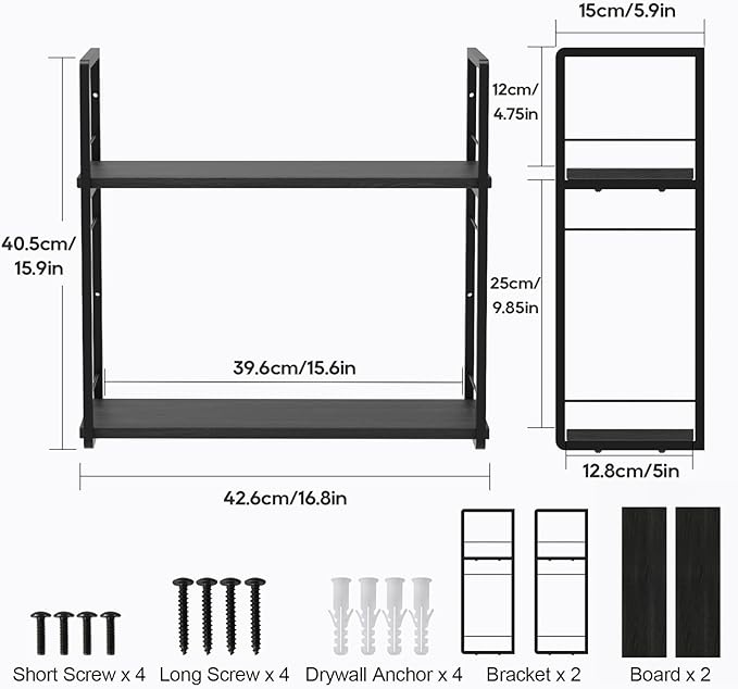 Floating Book Shelves for Wall, 2-Layer Wall Bookshelf for Book Storage, Space Saver, 16in Stud Hanging Shelf, Bedside Shelf for Living Room Bedroom Office, Black