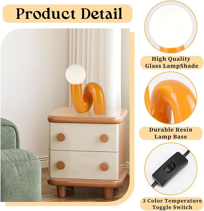 Orange Table Lamp Modern Milk White Globe Glass Table Light Modern Resin Light Fixtures for Bedside Bedroom Living Room Kid’s Room Corner Office