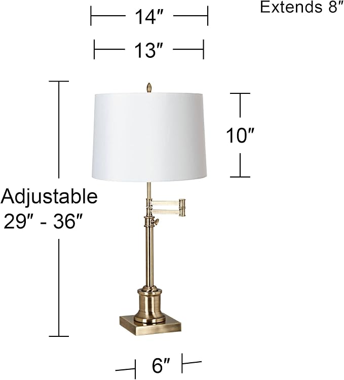 360 Lighting Westbury Traditional Swing Arm Desk Table Lamp Adjustable Height 36" Tall Antique Brass White Hardback Drum Shade for Living Room Bedroom House Bedside Nightstand Home Office