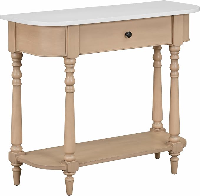 SOFTSEA Small Curved Console Table with Storage Drawer and Open Shelf, Farmhouse Wood Entryway Table with Drawer for Living Room, Save Space, White+Beige