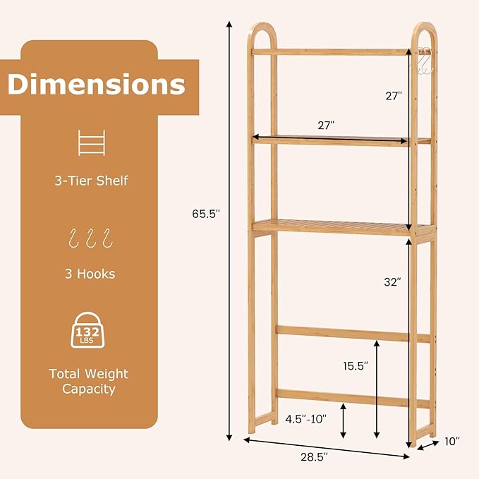 Giantex Bamboo Over The Toilet Storage, 3-Tier Over Toilet Bathroom Organizer with 3 Hooks & Adjustable Shelves, Freestanding Space Saver Above Toilet Shelf Rack for Laundry, Balcony, Restroom