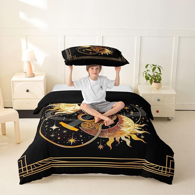 Erosebridal Boho Guitar Toddler Bedding Set for Adults - Luxury Bohemia Sun Moon Duvet Cover Mystical Celestial Star Sky Comforter Cover,Romantic Music Guitar Bed Set
