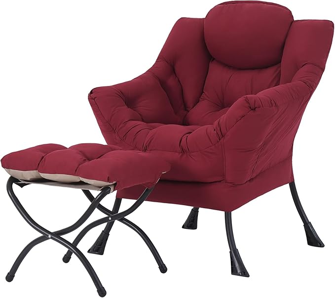 Tiita Lazy Chair with Ottoman, Red Modern Large Accent Chair, Comfy Leisure Sofa Armchair with Ottoman, Reading Chair with Footrest for Bedroom, Living Room, Dorm Rooms, Wine red